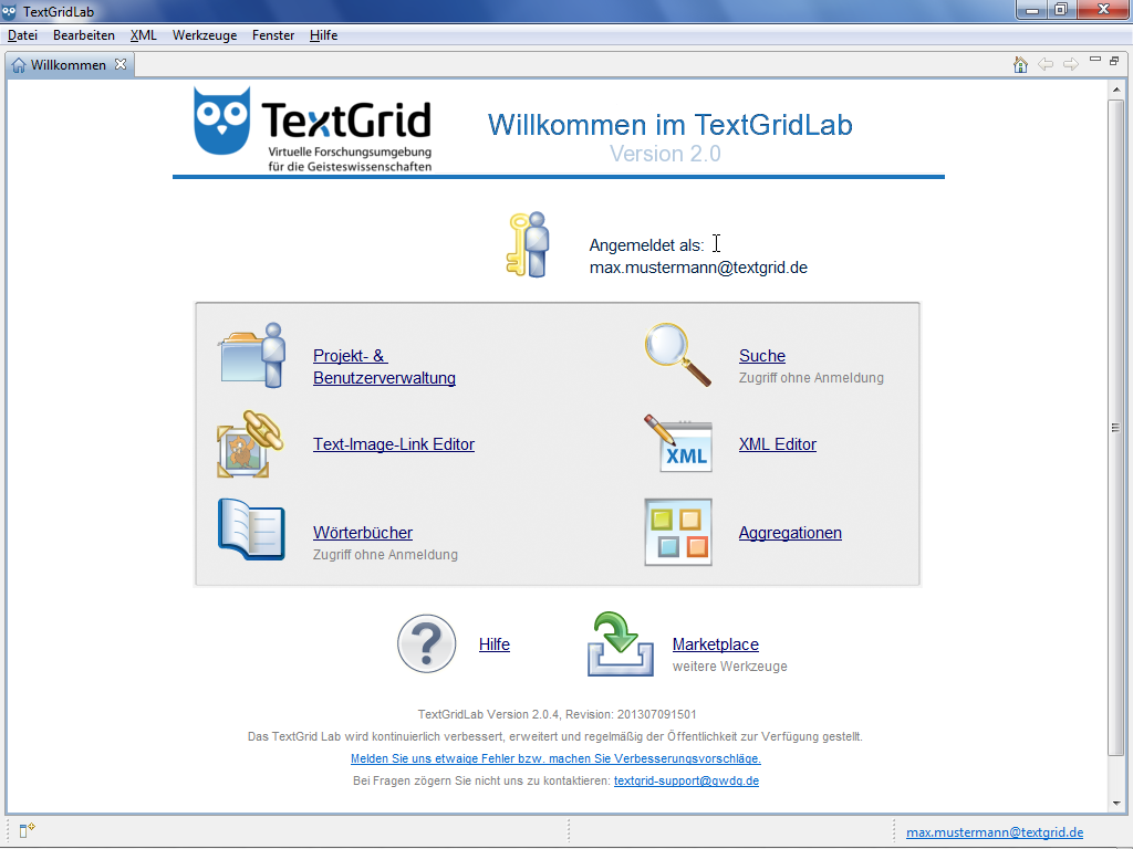 Sie sind jetzt mit der virtuellen Forschungsumgebung TextGrid verbunden